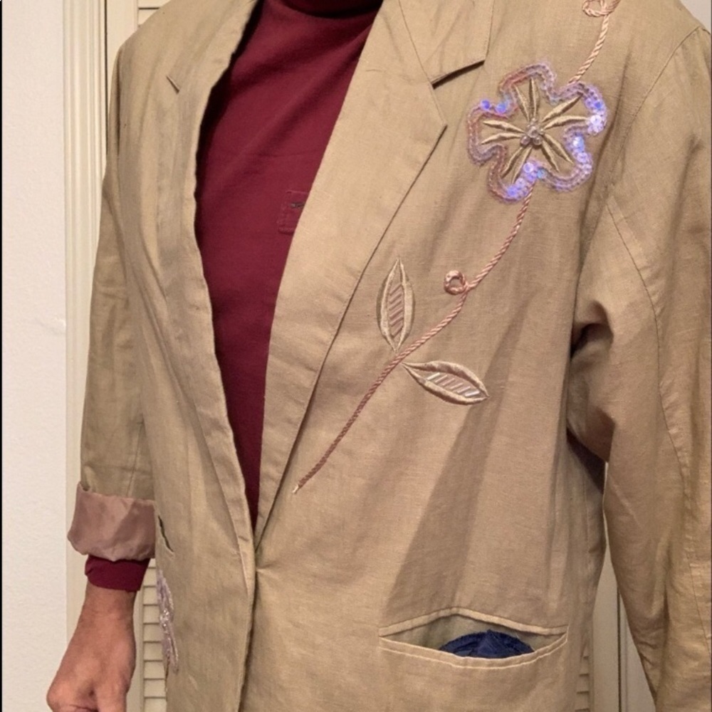 VINTAGE 80S ADOLFO BLAZER CRYSTAL FLOWER LINEN - Picture 2 of 12